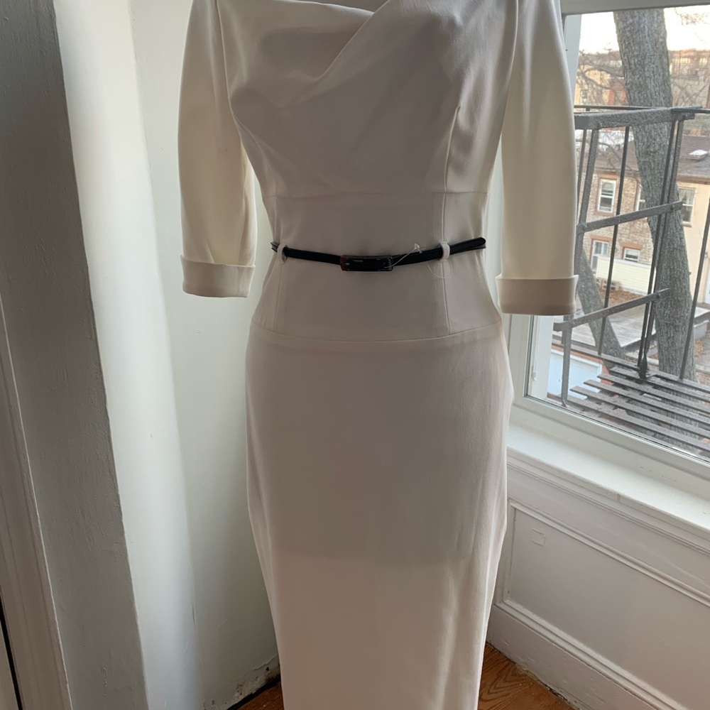 Black Halo Cream Asymmetrical belted Sheath Dress size 10 brand new
